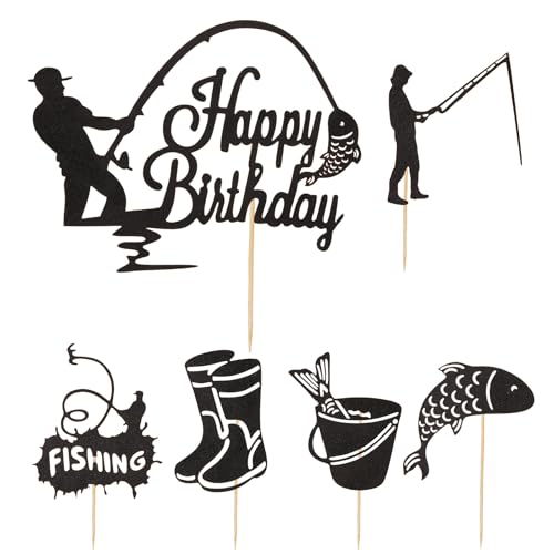 6 Stück Kuchendekorationen Happy Birthday Tortendeko Fisch Thema für Jungen und Herren DIY Angelzubehör für Geburtstag Kreative und Originelle Tortendeko für Fischliebhaber von Bravien