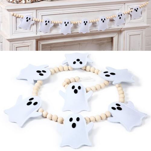 Breling 1 x Filz-Geistergirlande zum Aufhängen, mit Holzperle, weiß/rosa, Halloween-Dekoration für Spuktüren, Innen- und Außenbereich, Heimdekoration, Spukhaus, Dekorationen (weiß) von Breling