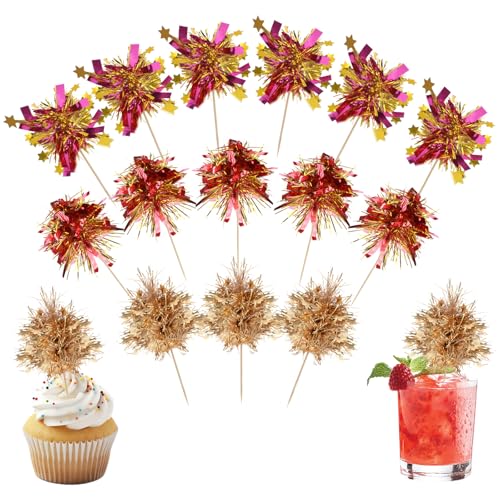 40 Stück Happy Birthday Kuchen Dekor Cupcake Topper Tortendeko Feuerwerk Glitzerndes Lametta Aus Folie Glitzernde Cocktail Lebensmittel Zahnstocher für Hochzeit Babyparty Abschluss Torte von Bremorou