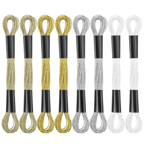 6 Stück Stickgarn Set 8m Weiß Gold Silber Stopfgarn Metallische Stickgarne Kreuzstichgarn Glitzernd Polyestergarn Embroidery für Stickbilder Freundschaftsarmbänder Diy Handwerk Nähen von Bremorou