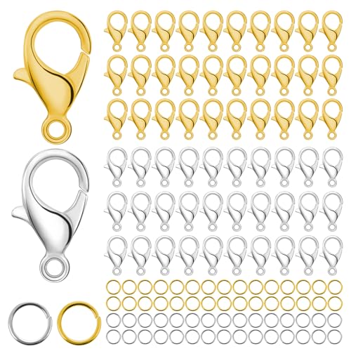 700 Stück kleine Karabinerverschlüsse und offene Binderinge Set Gold und Silber Halskette Verschlüsse Armband Verschlüsse Karabinerverschlüsse für Schmuckherstellung DIY-Projekte (Gold, Silber) von Bremorou