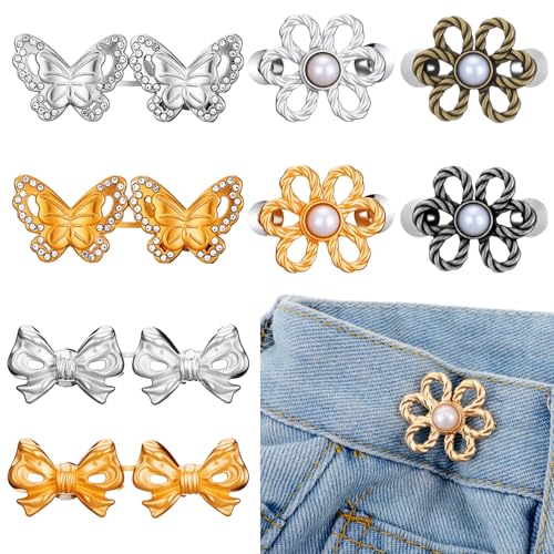 8 Stück Knöpfe Hosen Enger Machen, Jeans Taillenstraffer, 4 Stile Abnehmbare und Verstellbare Taillenschnallen, Hose Enger Machen Clip für Hosen Jeans Damen Rock (Gold, Silber, Schwarz, Bronze) von Bremorou