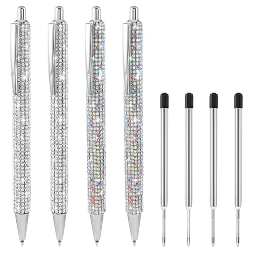 Bremorou 4 Stück Kugelschreiber Mit Glitzer, Strass Kugelschreiber, Einziehbare Diamantstifte, Metallstifte, für Frauen und Mädchen Schule Büro Bedarf Mit 4 Minen Silber von Bremorou