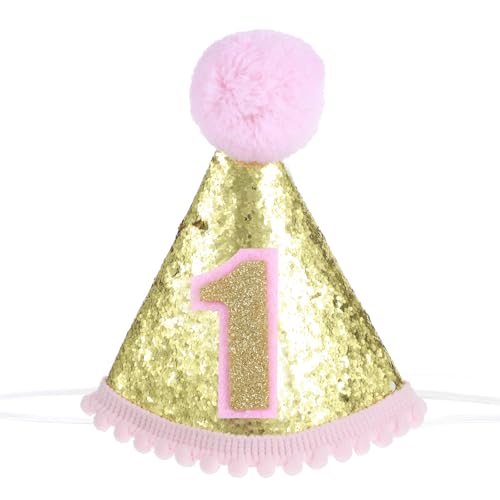 Bremorou Hut zum 1. Geburtstag, Kegelhut für den ersten Geburtstag, Partyhüte, Geburtstage, Glitzerkegelhüte (Rosa) von Bremorou