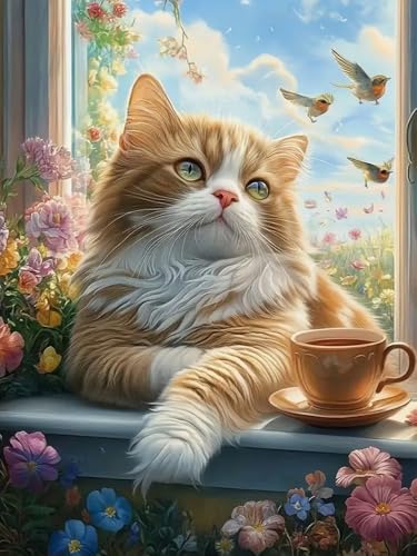 Brennora 5D Diamond Painting Set Katze auf dem Fensterbrett Erwachsene DIY-Mosaik Arts Crystal Strass Kunsthandwerk für Zuhause Wand Dekor 40x50 cm von Brennora