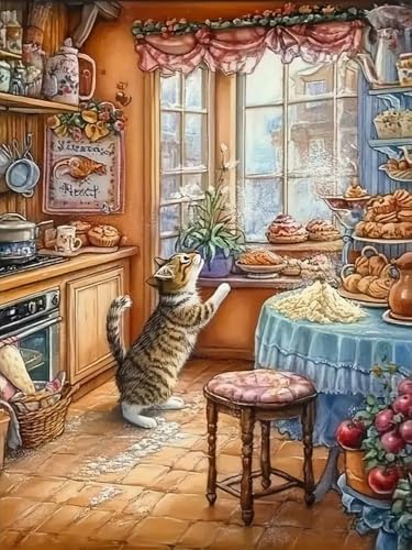 Brennora 5D Diamond Painting Set Katze in der Küche Erwachsene DIY-Mosaik Arts Crystal Strass Kunsthandwerk für Zuhause Wand Dekor 40x50 cm von Brennora