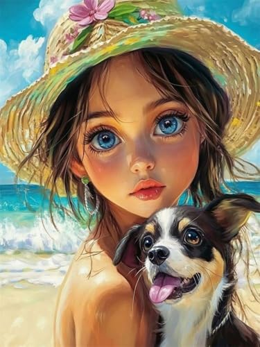 Brennora 5D Diamond Painting Set Strandmädchen mit Hund Erwachsene DIY-Mosaik Arts Crystal Strass Kunsthandwerk für Zuhause Wand Dekor 40x50 cm von Brennora