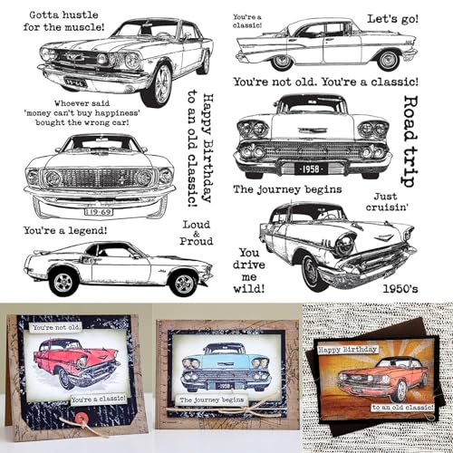 Retro Cars Happy Birthday Geschenk Automobil 2 Stück klare Gummistempel DIY Scrapbooking Schablone Prägung Handwerk Geschenkkarte Handgemachte Siegel Stempeln Kunst Album Papier Karton Dekoration von Briartw