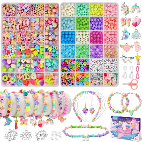 Bridokit Perlen für Armbänder Kinder, 2 Boxen Armbänder Selber Machen Kinder, 4 Verschiedene Arten von Perlen Zum Auffädeln, Schmuck Perlenset, Geschenk Mädchen Bastelset ab 4, 5, 6, 7, 8, 9 Jahre von Bridokit