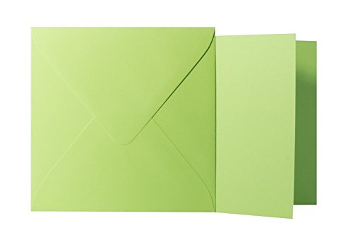 25 Quadratische Hell Grün Briefumschläge 120g von der Größe 15,5 X 15,5 cm + Klappkarten 240g von der Größe 15 X 15 cm, mit dreieckiger Lasche zum Kleben ohne Fenster von Briefumschläge24Plus