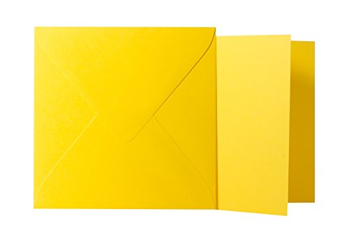 25 Quadratische Intensiv Gelb Briefumschläge 120g von der Größe 15,5 X 15,5 cm + Klappkarten 240g von der Größe 15 X 15 cm, mit dreieckiger Lasche zum Kleben ohne Fenster von Briefumschläge24Plus