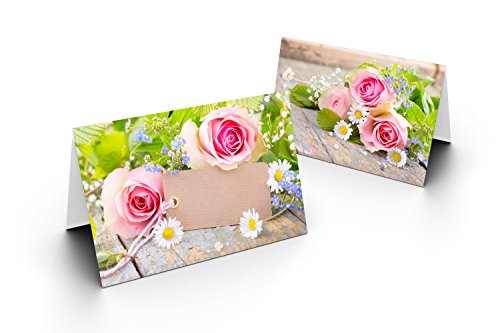 25 Tischkarten (Grün mit Rose) UV-Lack glänzend - für Hochzeit, Geburtstag, Taufe, Kommunion, Firmung, Jubiläum als liebevolle Tischdekoration!Format 8,5 x 11,2 cm von Briefumschläge24Plus