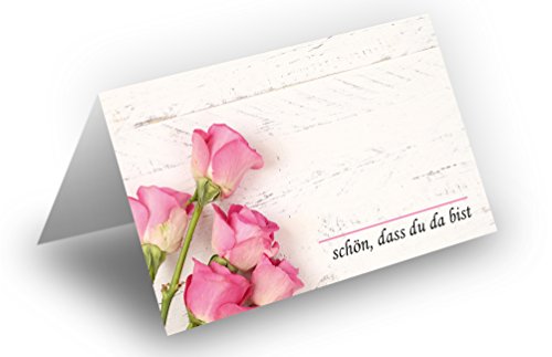 50 Tischkarten (Rosenstrauß-Rosa-Holz-Hintergrund) UV-Lack glänzend - für Hochzeit, Geburtstag, Taufe, Kommunion, Firmung, Jubiläum als liebevolle Tischdekoration!Format 8,5 x 11,2 cm von Briefumschläge24Plus