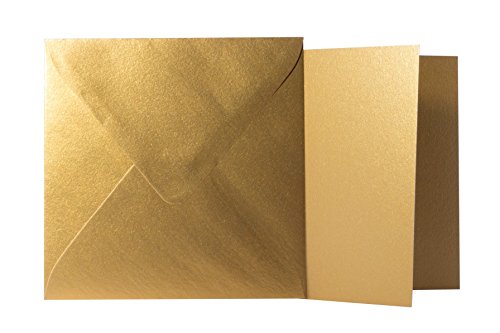 Briefumschläge24Plus 25 Quadratische Gold Briefumschläge 120g von der Größe 15 X 15 cm + Klappkarten 240g von der Größe 14,5 X 14,5 cm, mit dreieckiger Lasche zum Kleben ohne Fenster von Briefumschläge24Plus