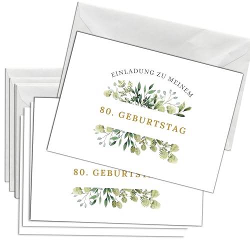 Briefzauber Geburtstagseinladung 80 Geburtstag | Set 12x Karten & 12x Umschläge | DIN‑A6‑Set mit Lückentext | Einladungskarten Jubiläum - verschiedene Varianten (80. Geburtstag - Blumig) von Briefzauber
