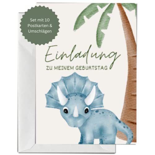 Briefzauber Einladungskarten Kindergeburtstag - Set mit 10 Karten mit Lückentext & Umschlägen | Geburtstagseinladungen Jungen/Mädchen (Typ: Geburtstagskarte Dino, 10 Stück) von Briefzauber