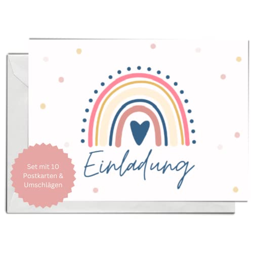 Briefzauber Einladungskarten Kindergeburtstag - Set mit 10 Karten mit Lückentext & Umschlägen | Geburtstagseinladungen Jungen/Mädchen (Typ: Geburtstagskarte Regenbogen, 10 Stück) von Briefzauber