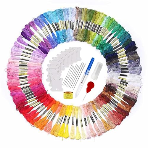 Stickgarne 100 Knäuel Kit, Regenbogen Farbe Sticktwist Baumwolle Kreuzstich Fäden Freundschaft Armbänder Floss DIY Garn Floss Set mit Nähwerkzeugen für Stricken, Kreuzstichprojekt von Bright Creations