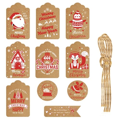 BrightGlow 60 Stück Weihnachten Geschenkanhänger Kraftpapier Weihnachtsetiketten Christmas Tags Etiketten mit Juteschnur Weihnachten Geschenk Anhänger für Weihnachtsbaum Dekoration Beige#2 von BrightGlow