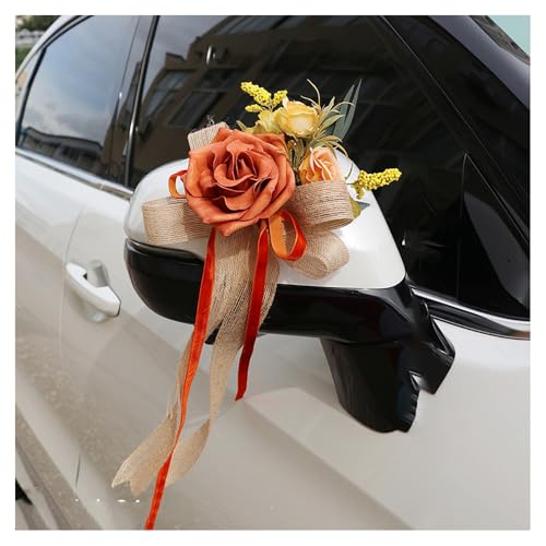 BrightGlow Autoschleifen Hochzeit Künstliche Blume Autoschmuck Rückspiegel Türgriff Blume Schleife Dekoration Antennenschleifen Vintage Hochzeits-Stuhl-Rücken-Blumen für Hochzeit Party Orange 4 Stück von BrightGlow