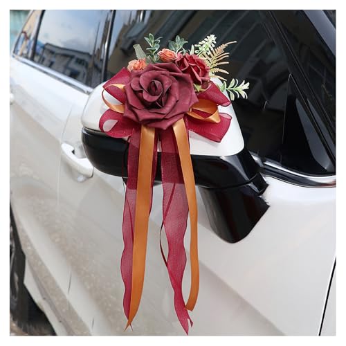 BrightGlow Autoschleifen Hochzeit Künstliche Blume Autoschmuck Rückspiegel Türgriff Blume Schleife Dekoration Antennenschleifen Vintage Hochzeits-Stuhl-Rücken-Blumen für Hochzeit Party Weinrot 4 Stück von BrightGlow