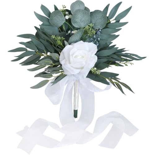 BrightGlow Brautstrauß Hochzeits Blumenstrauß Künstlich Rosensträuße Brautstrauß Trockenblumen Vintage Braut Satin Rosen Blumen Handgefertigter Brautjungfernstrauß für Hochzeit Weiß BrightGlow Brautstrauß Hochzeits Blumenstrauß Künstlich Rosensträuße Brautstrauß Trockenblumen Vintage Braut Satin Rosen Blumen Handgefertigter Brautjungfernstrauß für Hochzeit Weiß von BrightGlow