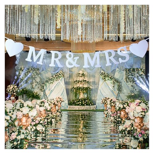 BrightGlow Mr & Mrs Girlande Hochzeit Banner Hochzeitsdeko Wimpelkette Girlande Weiß Dekorative Papiergirlande Mr & Mrs Letter Banner mit Herz Wimpelkette Wall Decoration für Hochzeit Weiß von BrightGlow