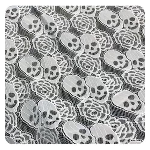 BrightGlow Spitzenstoff mit Totenkopf-Motiv 150 cm breit Totenkopf-Rosenmuster Netzstoff Meterware Durchscheinender Spitzen-Stoff Nicht Dehnbare Spitze für Halloween DIY Deko Party Weiß 3 Yards von BrightGlow
