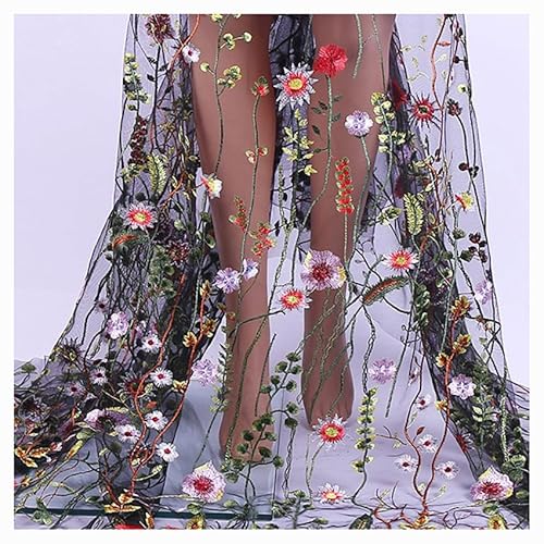 BrightGlow Tüll Stoff Floral Bestickter Spitzenstoff Tüllstoff Meterware mit Blumen Stoff zum Nähen Tüll Deko Stoffe Kostümstoff Dekostoff für DIY Bekleidung Tüllrock Hochzeit Schwarz 200 X 150CM von BrightGlow