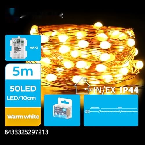 Brightium Dekorative Lichterkette, 50 LEDs, Silberdraht, 0,3 m + 5 m, 10 cm Abstand, 8 Blinkmodi, wasserdicht IP44. von Brightium
