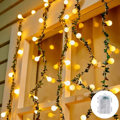 Brightown Batteriebetriebene Lichterkette, 6,2 m, 60 LEDs, Kugel-Lichterkette mit grünen Ranken für Innen- und Außenbereich, Balkon, Klassenzimmer, Hochzeit, Mädchenzimmer, Dekoration (warmweiß) von Brightown