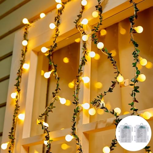 Brightown Batteriebetriebene Lichterkette für Zimmer, 2 Packungen insgesamt 10 m, 120 LED-Lichterkette mit grünen Ranken für Balkon, Klassenzimmer, Hochzeit, Mädchenzimmer, Dekoration, von Brightown