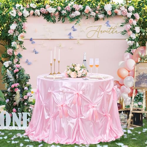 Tischdecke, DIY Rund Tischdecke 228 cm Tischdecke mit Schleife und Perlen Waschbare Tischdecke für Hochzeit, Party, Weihnachten, Bankett, Geburtstag Hellrosa Tischdecke, DIY Rund Tischdecke 228 cm Tischdecke mit Schleife und Perlen Waschbare Tischdecke für Hochzeit, Party, Weihnachten, Bankett, Geburtstag Hellrosa von BrillShine