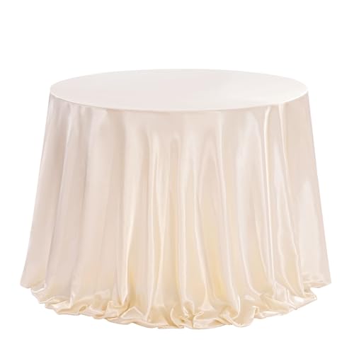 Tischdecke Rund 228 x 228 cm Satin Tischdecke DIY Abwaschbar mit Schleife und Perlen Tischdecke für Hochzeit, Party, Weihnachten, Bankett, Geburtstag Creme von BrillShine