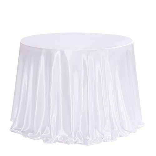 Tischdecke Rund 228 x 228 cm Satin Tischdecke DIY Abwaschbar mit Schleife und Perlen Tischdecke für Hochzeit, Party, Weihnachten, Bankett, Geburtstag Weiß von BrillShine