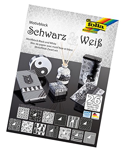 folia 46749 - Motivblock Schwarz - Weiß, 24 x 34 cm, 26 Blatt sortiert, 13 x Motivkarton 270 g/qm und 13 x Motivpapier 80 g/qm, für vielfältige Bastelarbeiten von folia