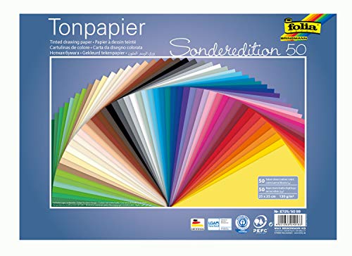 folia 6725/50 99 - Tonpapier Mix, 25 x 35 cm, 130 g/qm, 50 Blatt sortiert in 50 Farben - ideale Grundlage für vielseitige Bastelarbeiten von folia