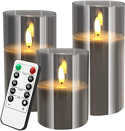 Britesta LED Kerzen Timer: 3er-Set LED-Echtwachskerzen in grauen Acrylgläsern, 3 Größen (Echtwachs LED-Kerzen mit Timer, LED-Kerzen mit Flackereffekt, Fernbedienungen) von Britesta