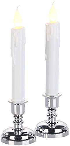 Britesta Kerzenhalter: 2er-Set LED-Stabkerzen mit silbernem Kerzenständer, flackernde Flamme (LED Kerzenleuchter Batterie, Stabkerzen mit Batterie, Tischleuchte) von Britesta