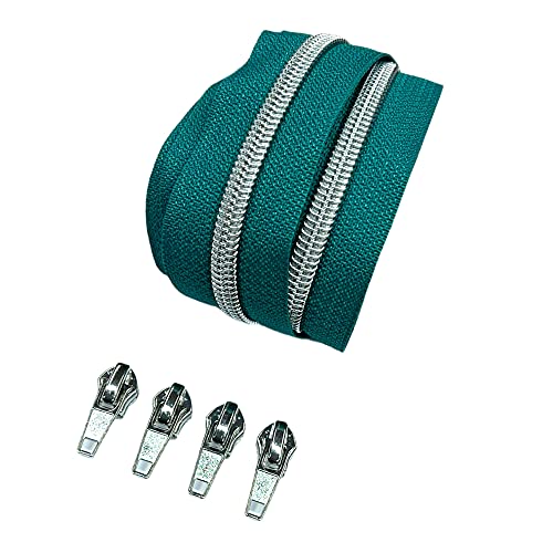 Metallisierter Reißverschluss endlos - silber oder gunmetal in verschiedenen Farben inklusive 4 passenden Zipper - je 1 Meter - perfekte Zutat zum Nähen von Taschen (Silber metallisierend - petrol) von Brittschens Stoffe und Zutaten
