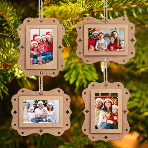 Briwooody 12 Stück Weihnachten Holz Bild Ornamente Foto Ornament mit Kraftpapiertüte Holz Weihnachtsbaum hängende Ornamente für Weihnachtsbaum Bilderrahmen Strümpfe Dekorationen (Rechteckig) von Briwooody