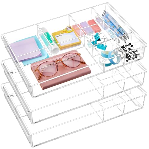 Briwooody Stapelbare transparente Schubladen-Organizer-Tabletts, 34,8 x 22,1 x 5,1 cm, Kunststoff, Acryl, Schubladen-Trennwand für Schreibtisch, mit 8 Fächern für Stifte, Büroklammern, Haftnotizen von Briwooody
