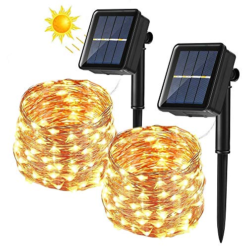 [2 Stück] Solar Lichterkette Aussen, BrizLabs 14M 120 LED Außen Lichterkette Kupferdraht Solarlichterkette Warmweiß Wasserdicht 8 Modi für Weihnachten, Garten, Balkon, Hochzeit, Terrasse, Party Deko von BrizLabs