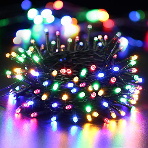 BrizLabs 100 LED Lichterkette Außen Bunt Batterie Lichterkette Innen Weihnachtsbeleuchtung 8 Modi Wasserdicht mit Timer für Weihnachtsbaum Schlafzimmer Hochzeit Garten Dekoration, Grünes Kabel von BrizLabs