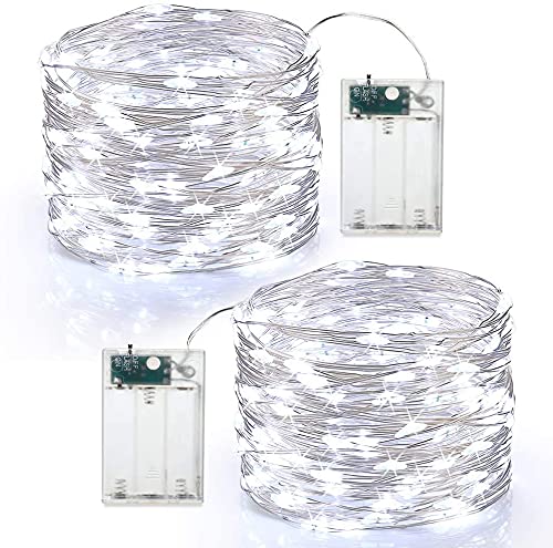 BrizLabs 2 Stück 60 LED Innen Lichterkette Batterie 6M Micro Silberdraht Lichterketten Batteriebetrieben Außen Klein Draht Beleuchtung für Weihnachten Zimmer Party Garten Hochzeit DIY, Kaltweiß von BrizLabs