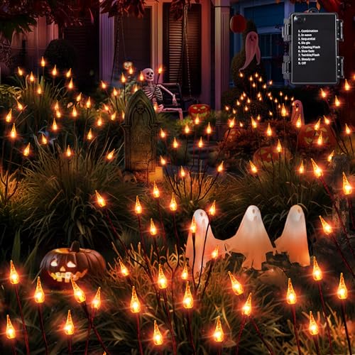 BrizLabs Halloween Deko Outdoor, 3er Set 30 LED Gartenlichter Orange Herbstdeko Kerzen Lichter Batterie mit Timer Außenbeleuchtung Wasserdicht 8 Modi Gartenstecker für Innen Balkon Erntedankfest Party von BrizLabs