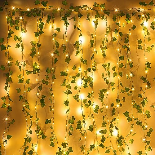 BrizLabs Solar Efeu Lichterkette Aussen, 1.2x1.5m 192 LED Solar Künstlich Efeugirlande Vorhang Blättern Weihnachten Lichterkette Grüne Blatt Efeuranke Pflanzen Licht für Hochzeit Party Wanddekoration von BrizLabs