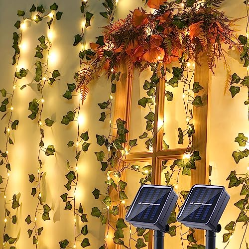 BrizLabs Solar Lichterkette Außen, 2 x 12M 100 LED Solar Efeu Künstlich Girlande 8 Modi Aussen Solarlichterkette Wasserdicht für Garten Balkon Hochzeit Zaun Camping Weihnachten Party Wanddekoration von BrizLabs