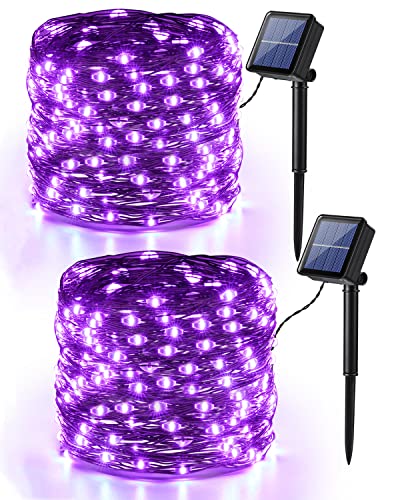 Solar Halloween Lichterkette Lila, BrizLabs 2 Stück 14M 120 LED Solar Weihnachten Lichterketten Aussen 8 Modi Wasserdicht Kupfer Draht Solarlichterkette für Garten Balkon Hof Hause Horror Party Deko von BrizLabs