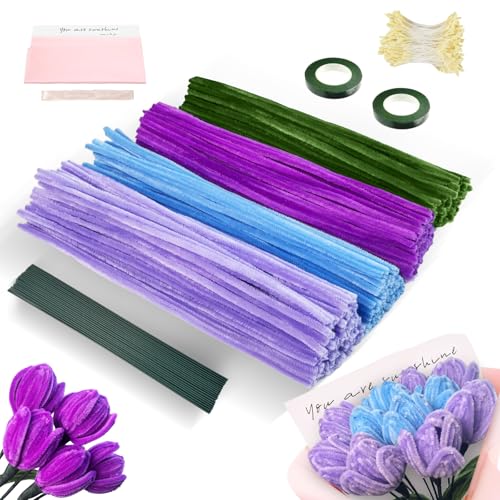 Pfeifenputzer zum Basteln Set, 425 Stück in 4 Farben Blumenstrauß Pfeifenreiniger, Pfeifenputzer zum Basteln, mit Grün Basteldraht, Geschenkpapier, Geschenkband, Klebeband, Blumen Staubblatt von Brmeday